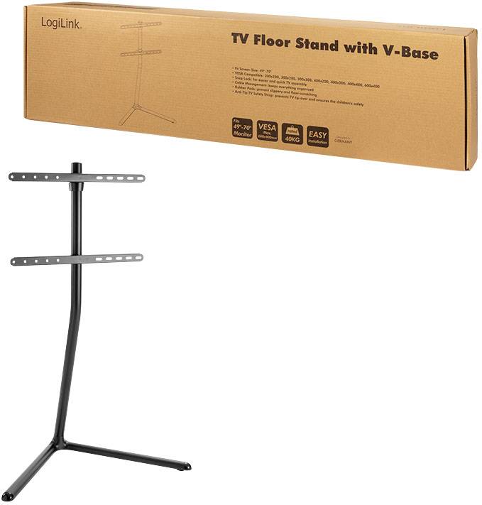 Opakowanie i stojak TV z podstawą w kształcie litery V firmy LogiLink zaprezentowany. Na pudełku zawarto cechy i szczegóły kompatybilności.