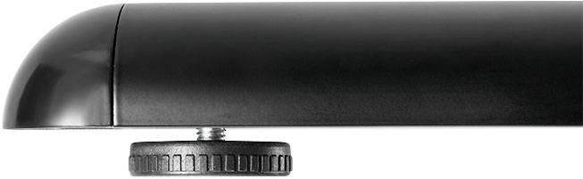 Czarny, okrągły odbój drzwiowy z metalu z regulowaną nakrętką, sfotografowany z boku.