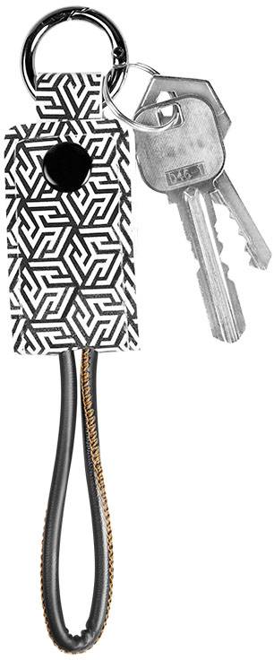 Brelok do kluczy we wzorze czarno-białym z dwoma kluczami. Brelok posiada pętlę wykonaną z czarnego i pomarańczowego materiału.