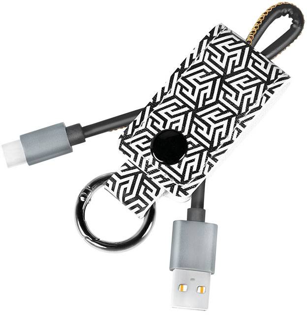 Kabel USB z geometrycznym wzorem na uchwycie, z pierścieniem. Odpowiednie do podłączania urządzeń mobilnych.