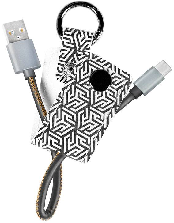 Czarno-biała smycz trzyma kabel USB z metalowymi złączami.