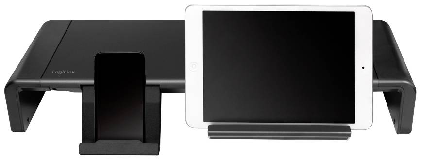 Tablet na stojaku obok smartfona, oba umieszczone na czarnym stojaku do monitora.