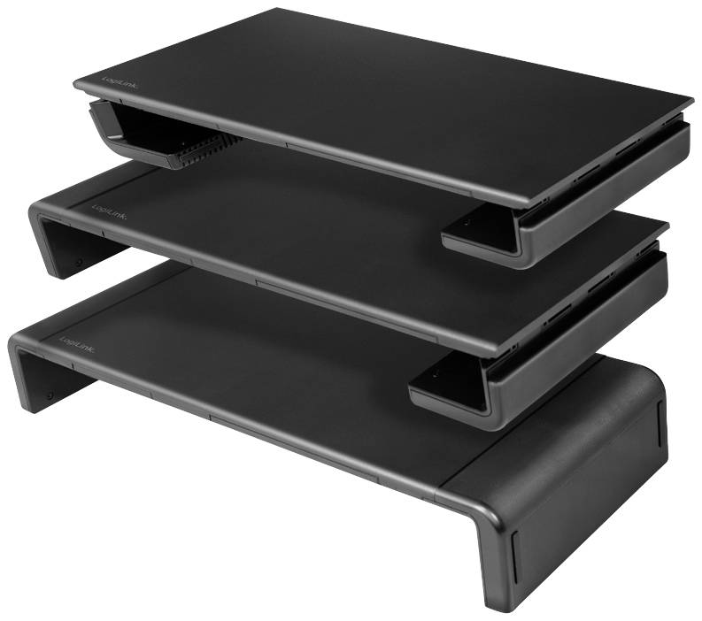 Trzy czarne, stackowane podstawki pod monitor o różnych wysokościach, ułożone jedna na drugiej, służące ergonomicznej aranżacji stanowiska pracy.