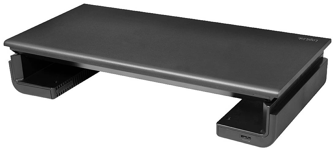 Czarny stojak na monitor z wieloma przegródkami. Podnosi ekran do ergonomicznej pracy i zapewnia dodatkową przestrzeń do przechowywania.