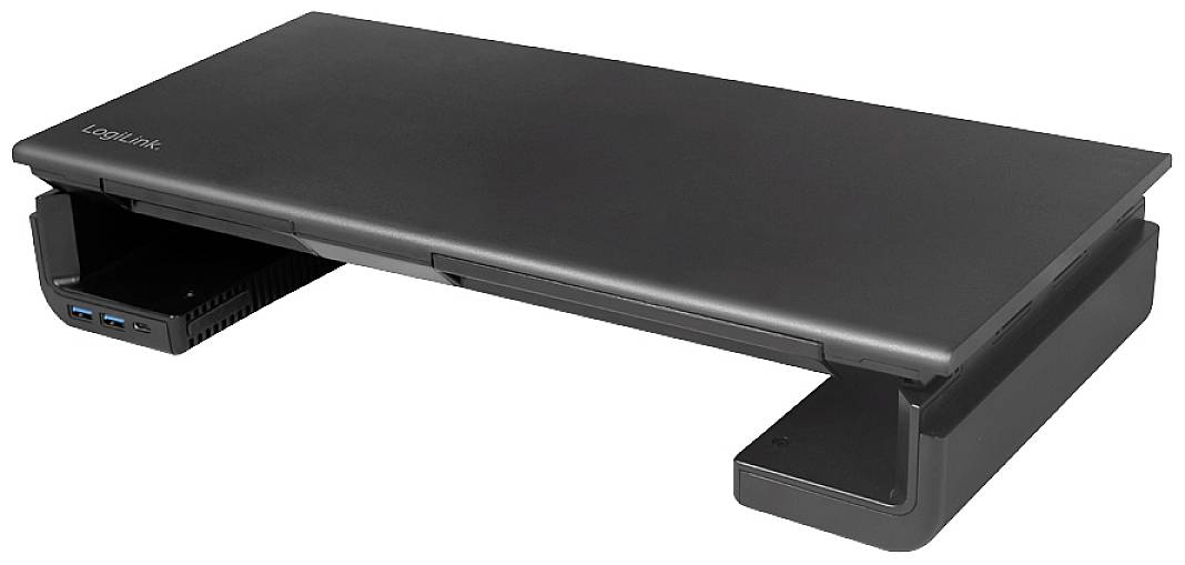 Czarny stojak na laptopa z wbudowanym hubem USB i płaską konstrukcją, przeznaczony do podniesienia wysokości ekranu i poprawy ergonomii.