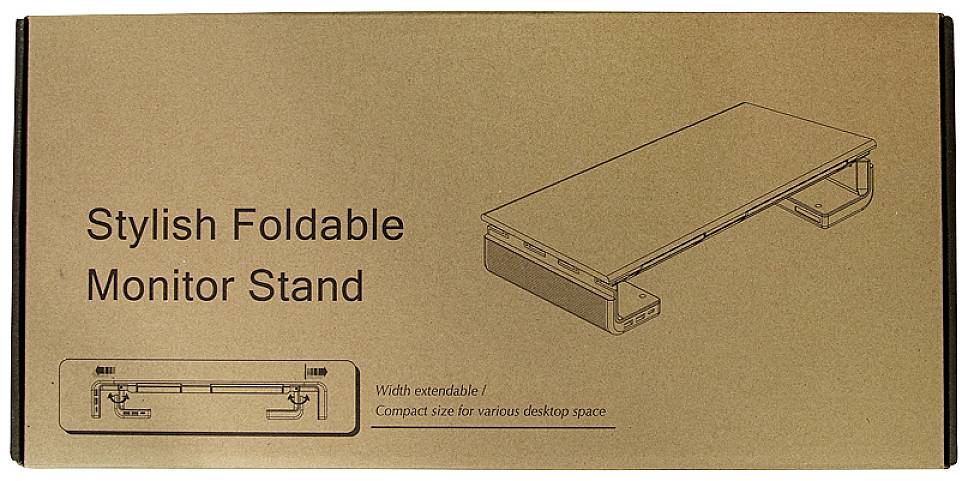 Kartonowe opakowanie z napisem 'Stylowy składany stojak na monitor'. Rysunek przedstawia wysuwany stojak na monitor.