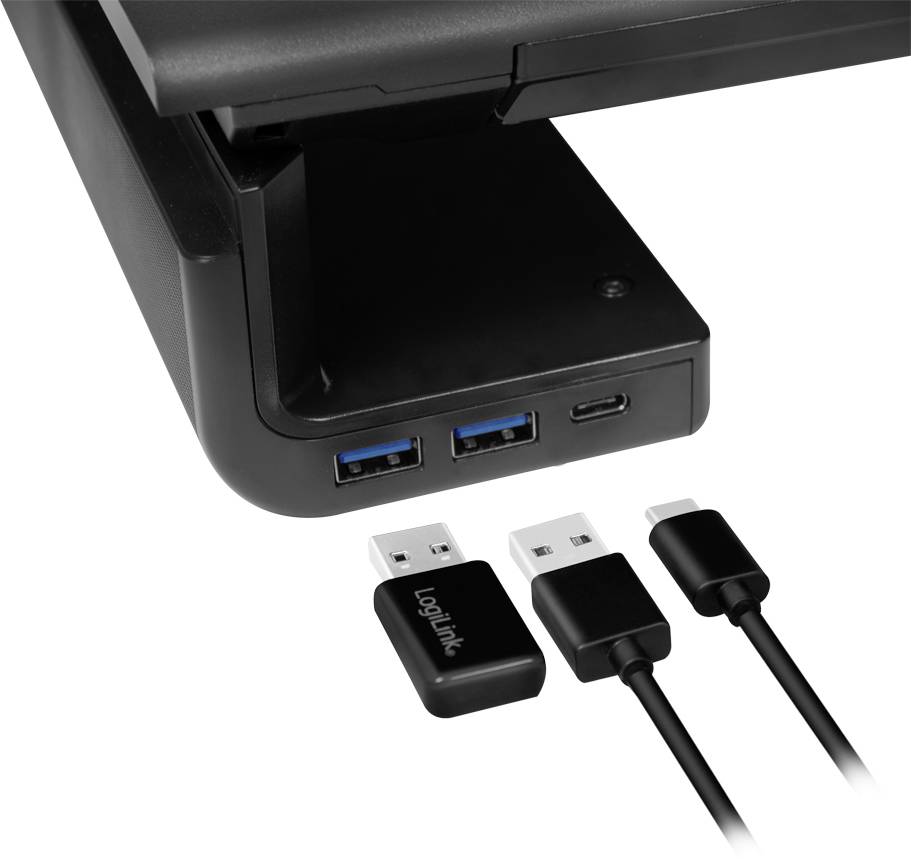 Ekran z portami USB z boku. Obok leżą dwa pendrive'y i kabel USB-C.