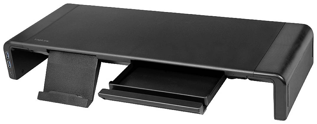 Czarno-szary stojak na monitor z zintegrowanym uchwytem na smartfona i szufladką. Odpowiedni do podniesienia ekranu na biurku.