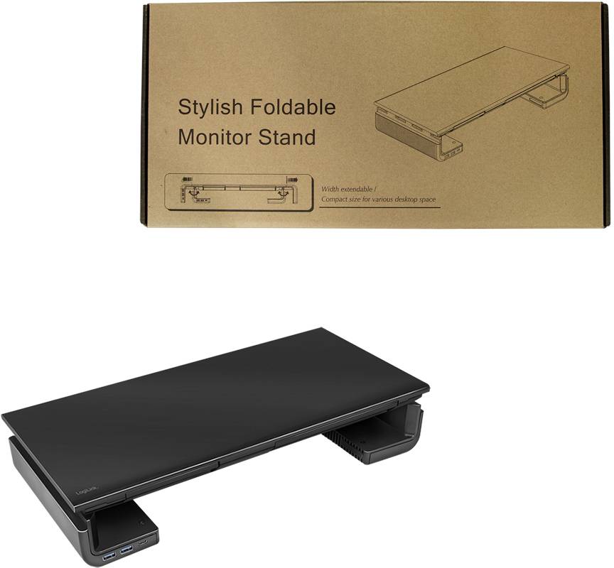 Kartonowe opakowanie i czarny, składany stojak na monitor. Stojak oferuje dodatkową przestrzeń do przechowywania, posiada złącza USB i pomaga w organizacji stanowiska pracy.