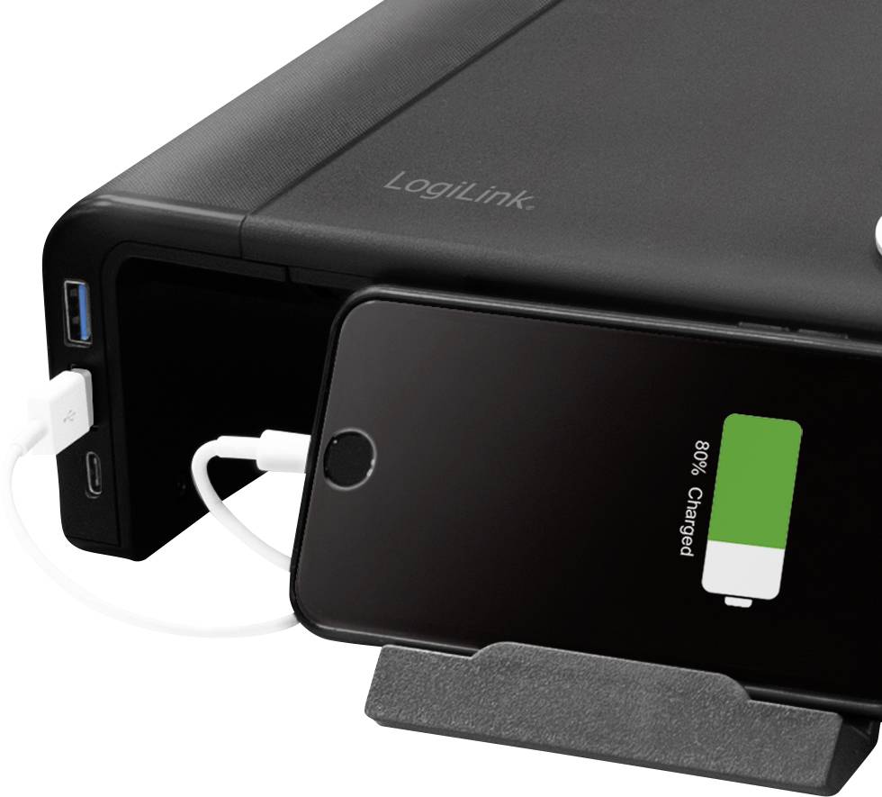 Smartfon jest podłączony do powerbanku LogiLink przewodem ładującym. Na wyświetlaczu widać napis '80% naładowany'.