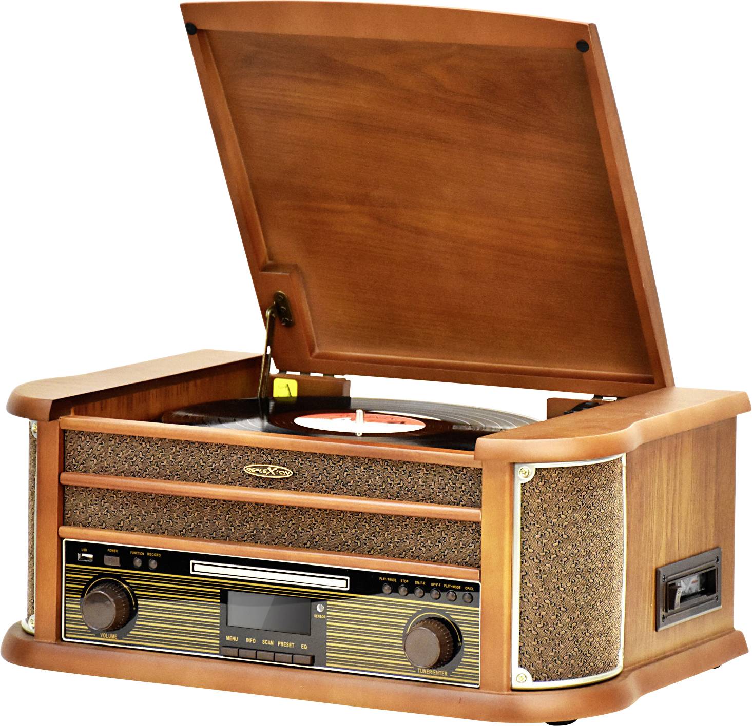 Zabytkowy gramofon z otwartą pokrywą. Czarna płyta winylowa z czerwoną etykietą jest odtwarzana. Drewniana obudowa w stylu vintage.