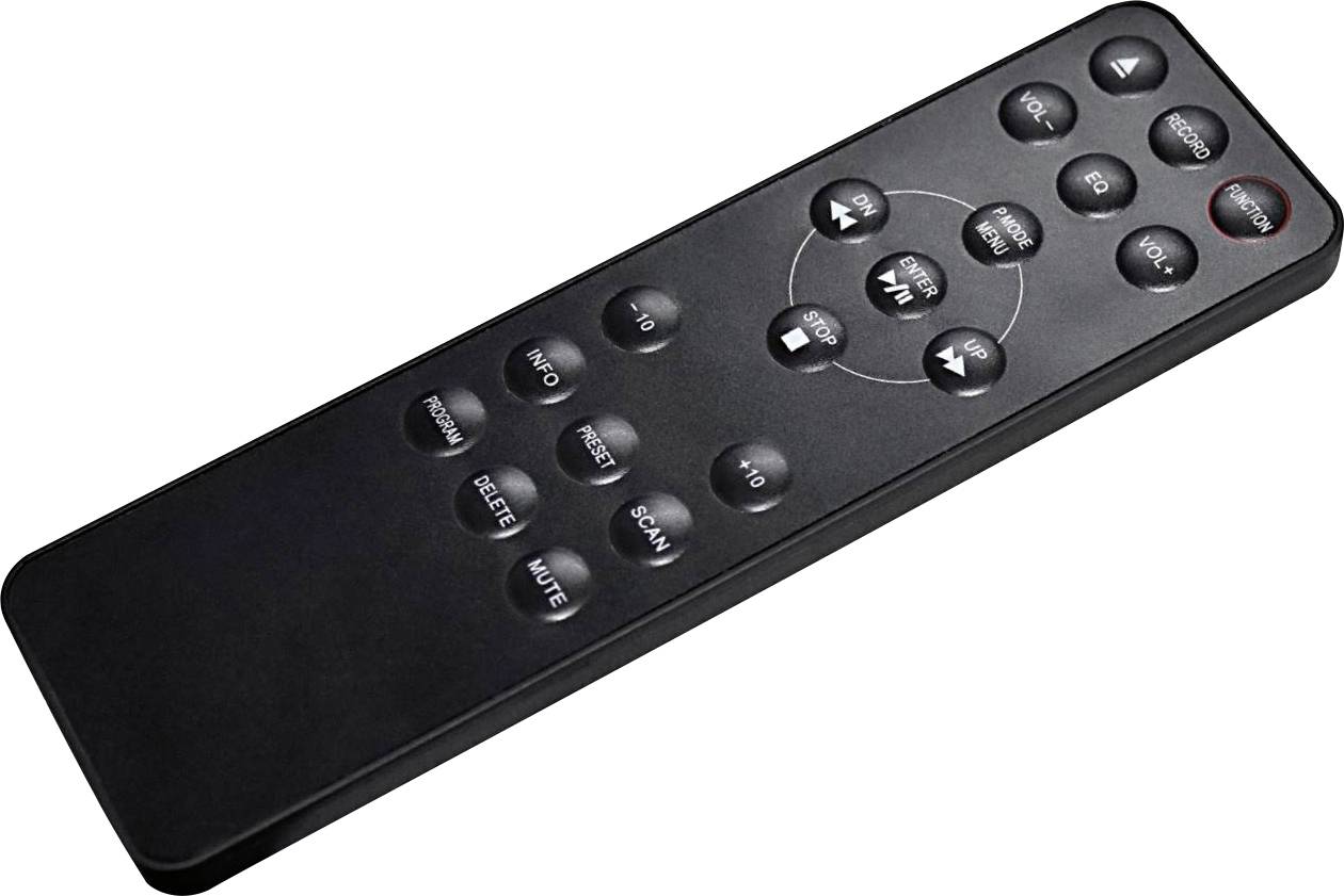 Czarna pilot zdalnego sterowania z przyciskami do regulacji głośności, zmiany kanałów, wyciszenia i ustawień.