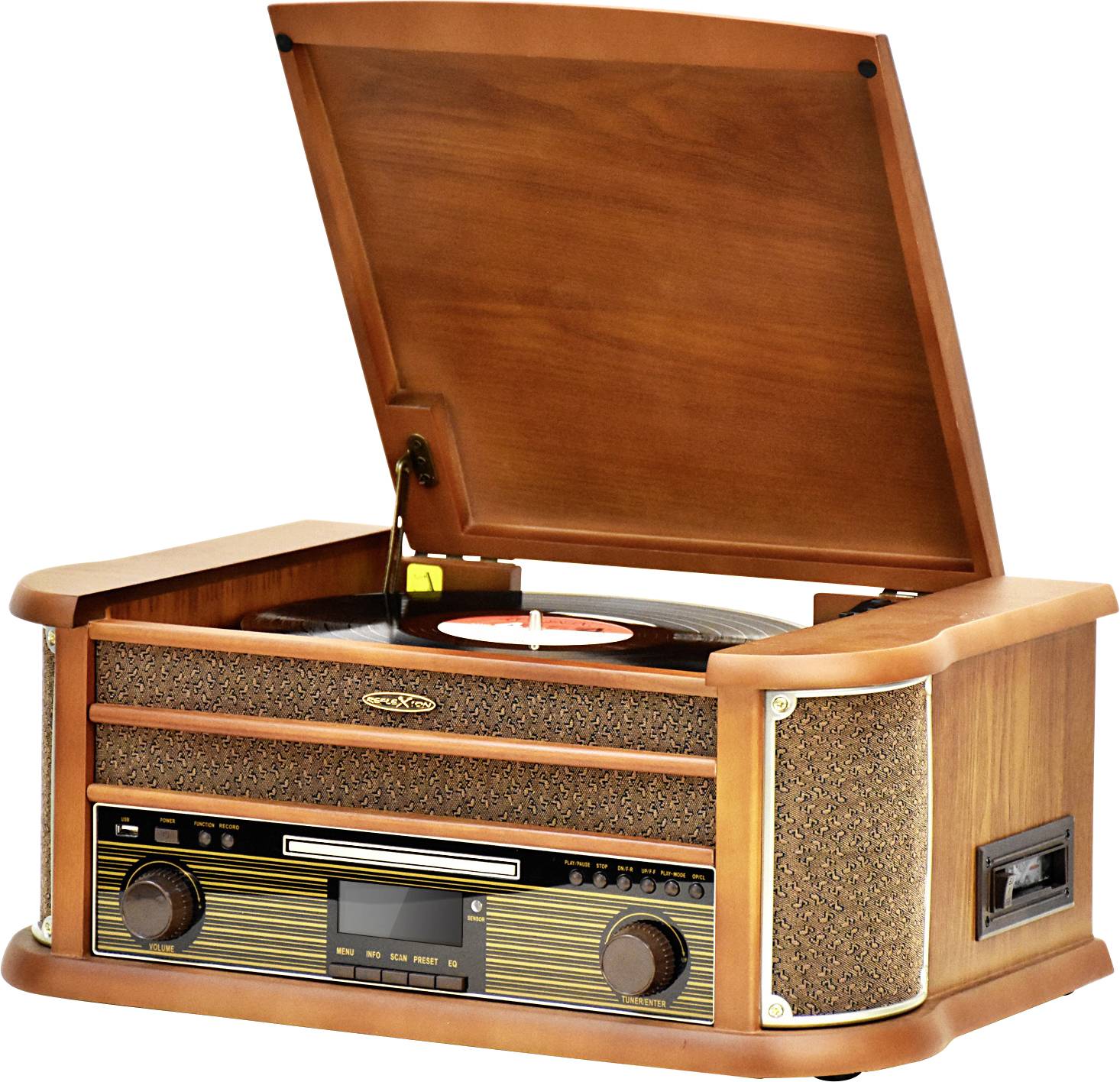 Drewniany retro gramofon z otwartą pokrywą, odtwarzający płytę winylową. Z przodu widoczne są głośniki i pokrętła sterujące.