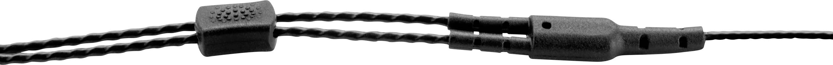 Dwa plecione kable z małym prostokątnym złączem pośrodku. Kable mają proste zakończenia i są czarne.