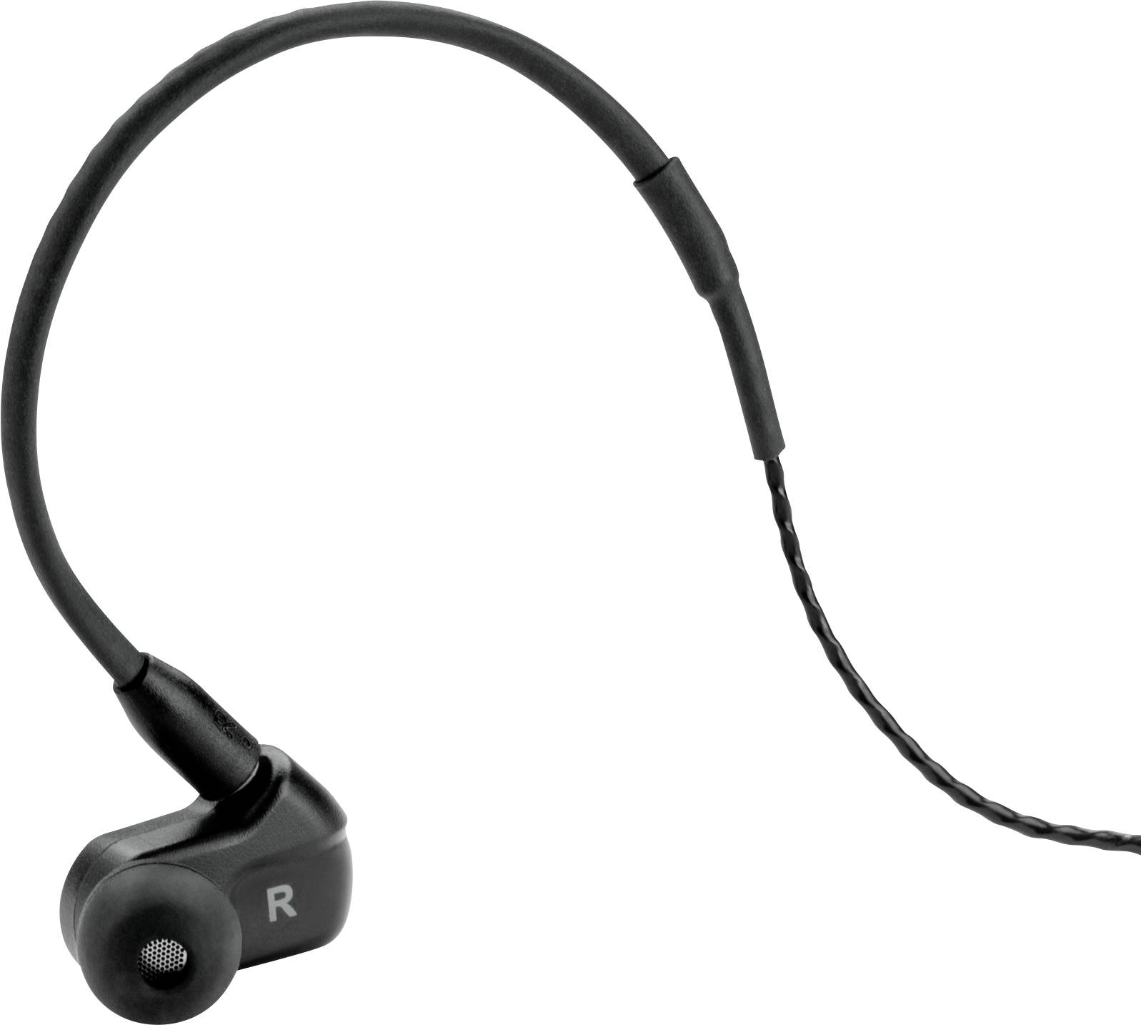 Czarny douszny słuchawka z zakrzywionym przewodem. Na powierzchni słuchawki znajduje się litera 'R' wskazująca prawą stronę ucha.