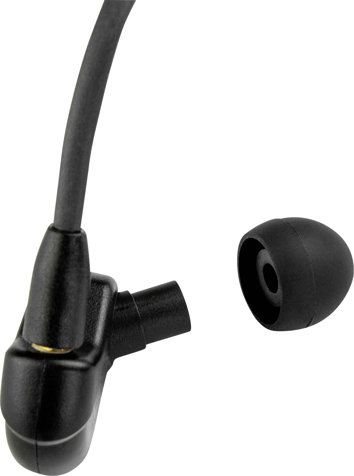 Czarny słuchawek douszny z odklejonym silikonowym nakładką, ukazujący złącze kablowe i szczegóły urządzenia audio.