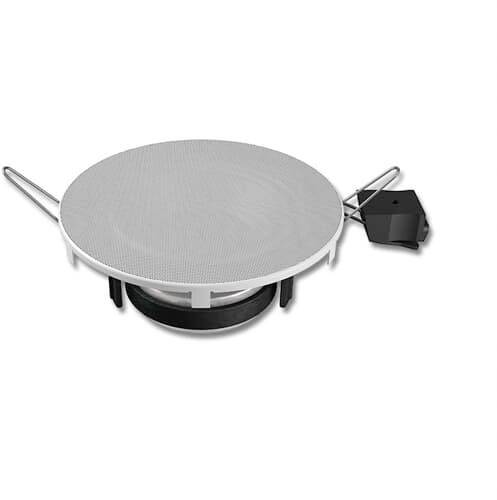 Okrągły głośnik podtynkowy z metalową siatką osłaniającą, uchwytami montażowymi oraz czarną skrzynką przyłączeniową z boku.