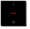 Czarny włącznik światła z czerwoną kontrolką pośrodku i białą linią koła u dołu.