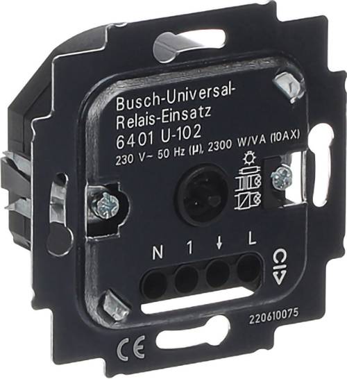 Czarny moduł wstawki przekaźnika uniwersalnego Busch-Jaeger oznaczony jako "Busch-Universal-Relais-Einsatz 6401 U-102" z oznaczeniami zacisków N, 1 i L.
