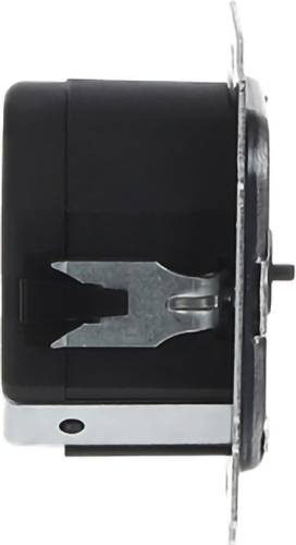 Widok z boku czarnego elektronicznego komponentu montowanego na panelu z metalową płytą montażową i zaciskiem sprężynowym.