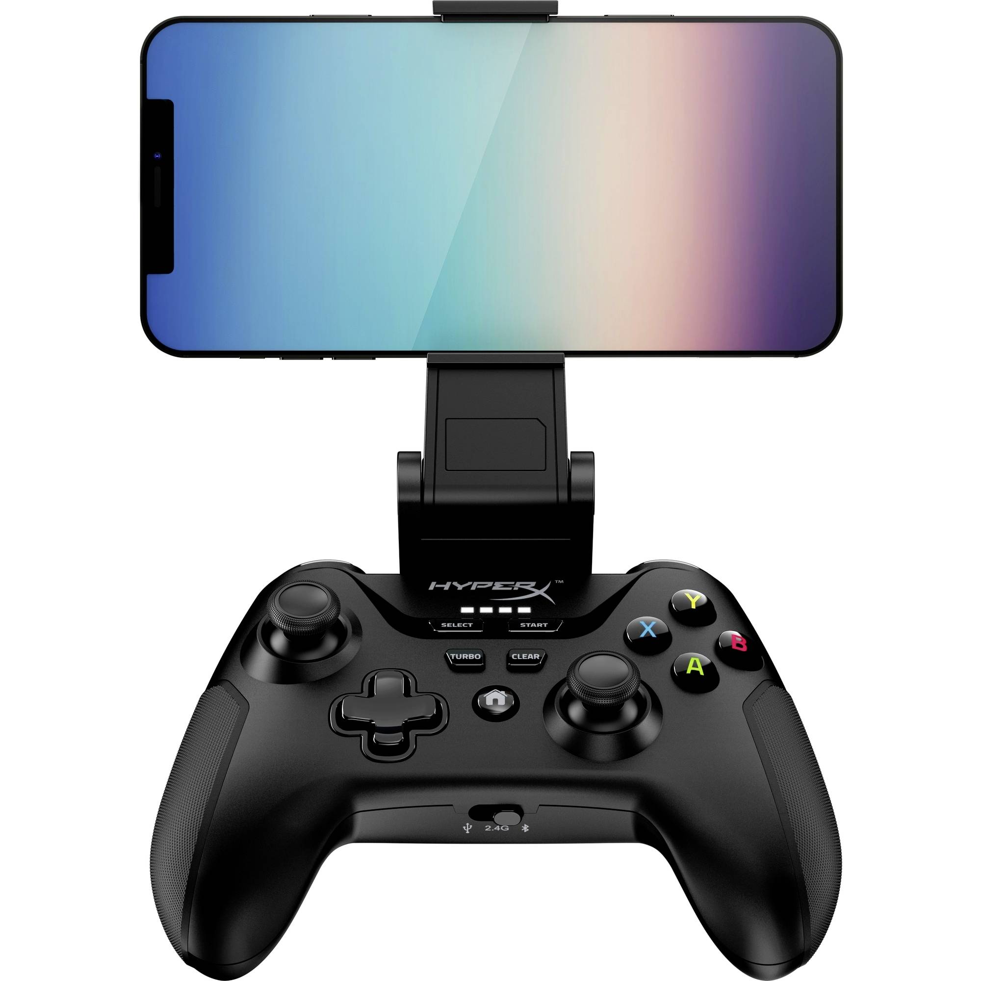 Czarny kontroler do gier z zamocowanym smartfonem, którego ekran wyświetla jednobarwny gradient.
