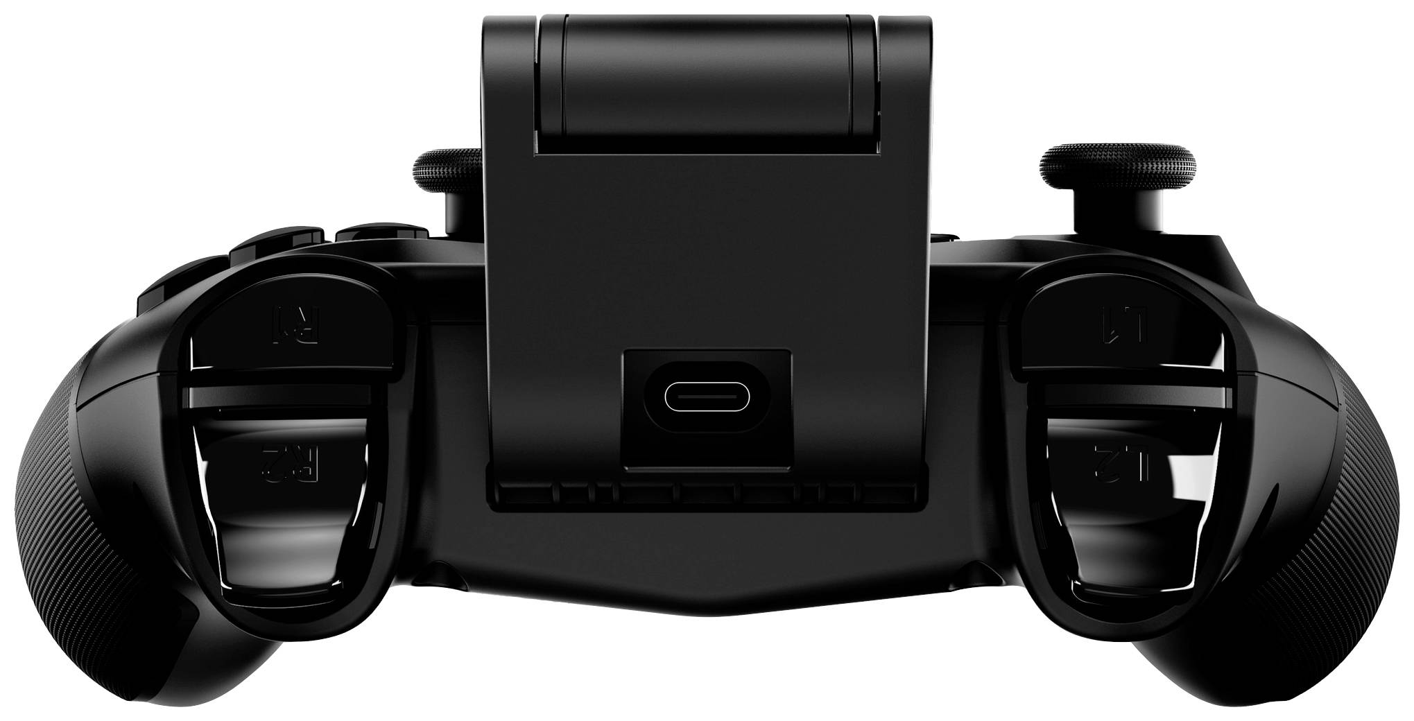 Czarny kontroler do gier widziany od tyłu, z wieloma przyciskami i złączem USB-C pośrodku.
