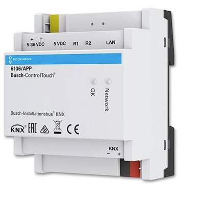 Urządzenie Busch-ControlTouch w kolorze białym z możliwością podłączenia dla 5-36 VDC, LAN oraz R1/R2. Widoczne logo marki oraz certyfikaty.