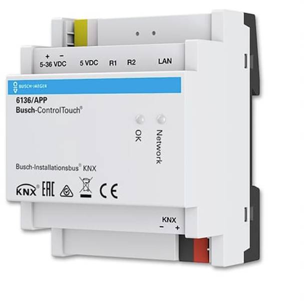 Białe urządzenie techniczne z niebieskimi i żółtymi elementami, oznaczone napisem 'Busch-ControlTouch', prezentuje złącza zasilania i sieci LAN.