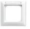 Biała, kwadratowa ramka z otworem pośrodku, przeznaczona do instalacji wokół wyłącznika światła lub gniazdka elektrycznego.