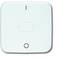 Prosty, kwadratowy włącznik światła w jasnoniebieskim kolorze, z oznaczeniem u góry i symbolem koła na dole.