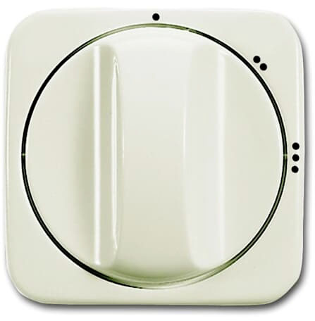 Biały przełącznik obrotowy z podziałką, z punktem na górze i dwoma punktami po prawej stronie; do regulacji temperatury lub ustawień, funkcjonalny, o prostym designie.