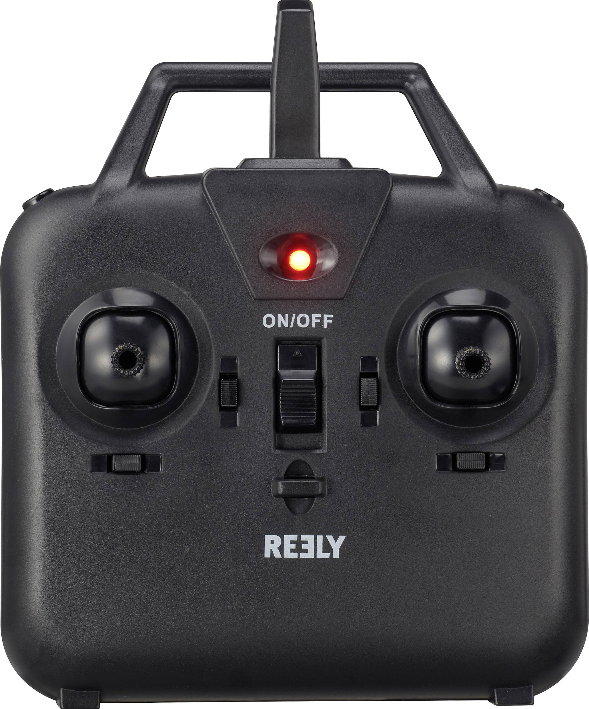 Zdalne sterowanie z dwoma drążkami sterującymi, przełącznikiem, czerwoną lampką i nadrukowanym napisem 'REELY'.