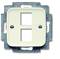 Podwójna ramka do gniazd lub instalacji przełączników, prostokątna, wykonana z białego tworzywa sztucznego z dwoma otworami i metalową obramówką.