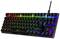 Klawiatura z podświetleniem RGB w różnych kolorach; wyraziste logo HyperX w prawym górnym rogu; kompaktowy układ bez klawiatury numerycznej.