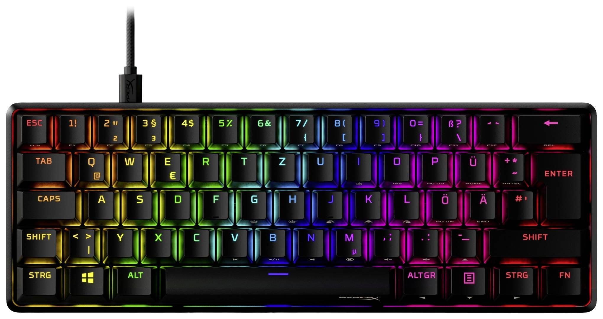 Mechaniczna klawiatura z podświetleniem RGB, świecąca w kolorach tęczy. Kompaktowy, przewodowy design.