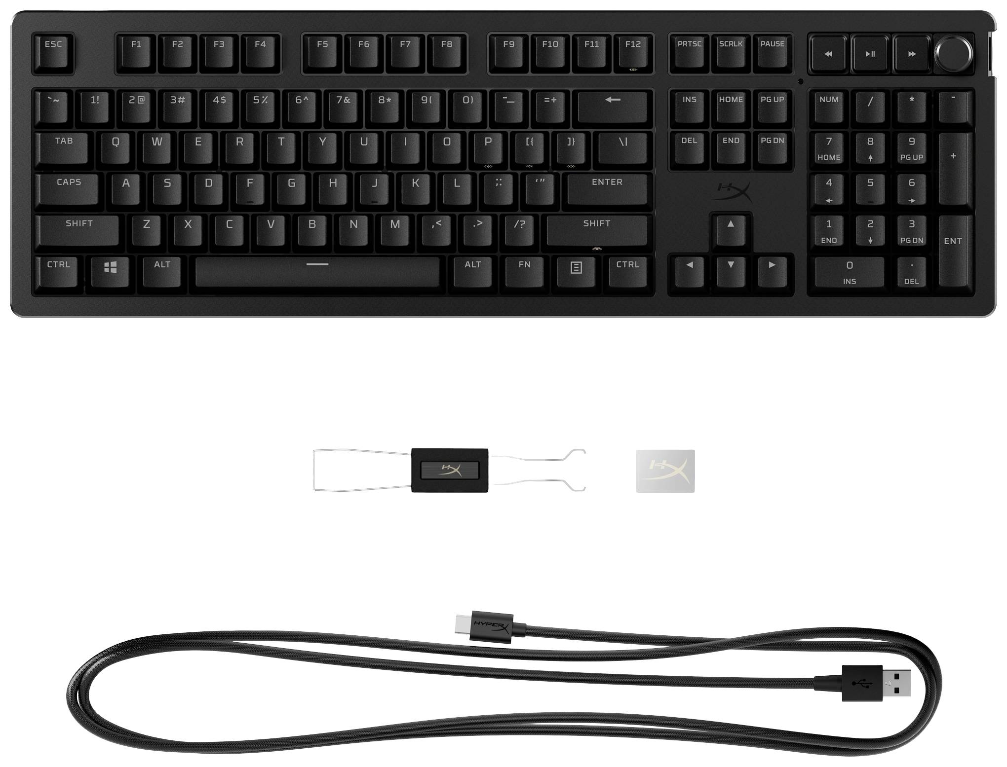 Czarna mechaniczna klawiatura z przewodem USB i narzędziem do zdejmowania klawiszy. Odpowiednia do gier lub zastosowań biurowych.