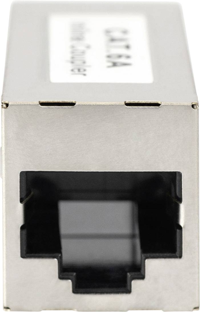 Metalowy adapter sieciowy o prostokątnym kształcie; widoczne jest złącze Ethernet.