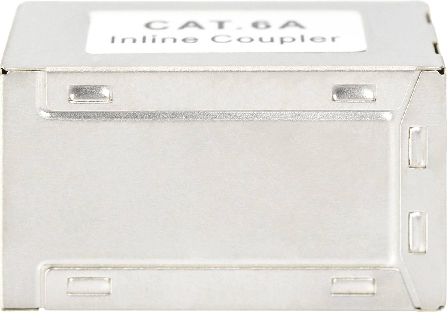 Srebrny sprzęgacz inline kategorii 6A, widok z przodu.