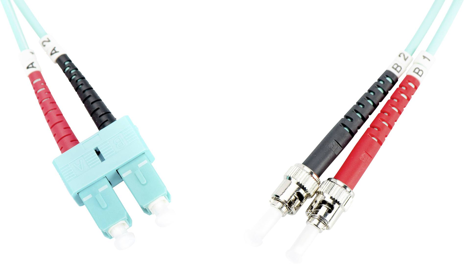 Widok przewodów LWL: po lewej stronie dwa turkusowe wtyki oznaczone jako 'A1' i 'A2', po prawej stronie dwa wtyki oznaczone jako 'B1' i 'B2', oznaczone kolorem czarnym i czerwonym.