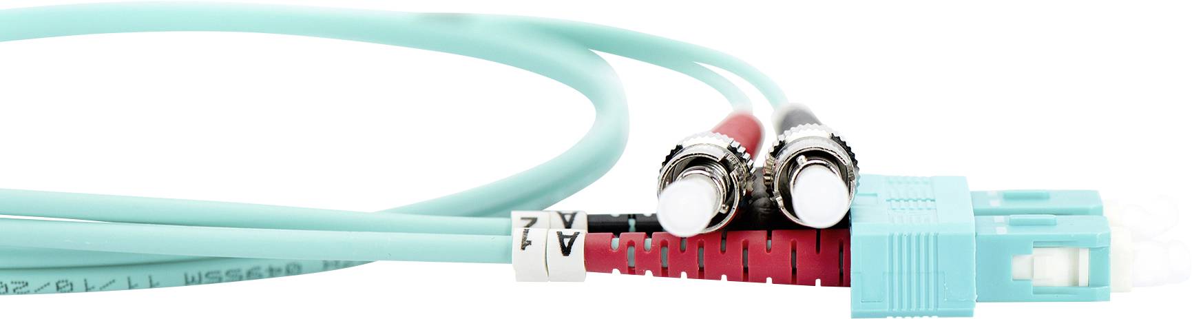 Kabel światłowodowe z turkusową wtyczką LC oraz czerwono-czarnymi złączkami.