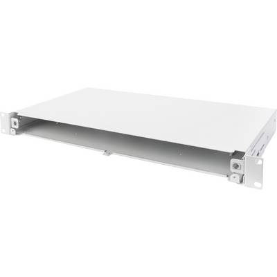 Pusta, biała obudowa rackmount do urządzeń sieciowych. Posiada dwa uchwyty montażowe po bokach i wygląda solidnie oraz funkcjonalnie.