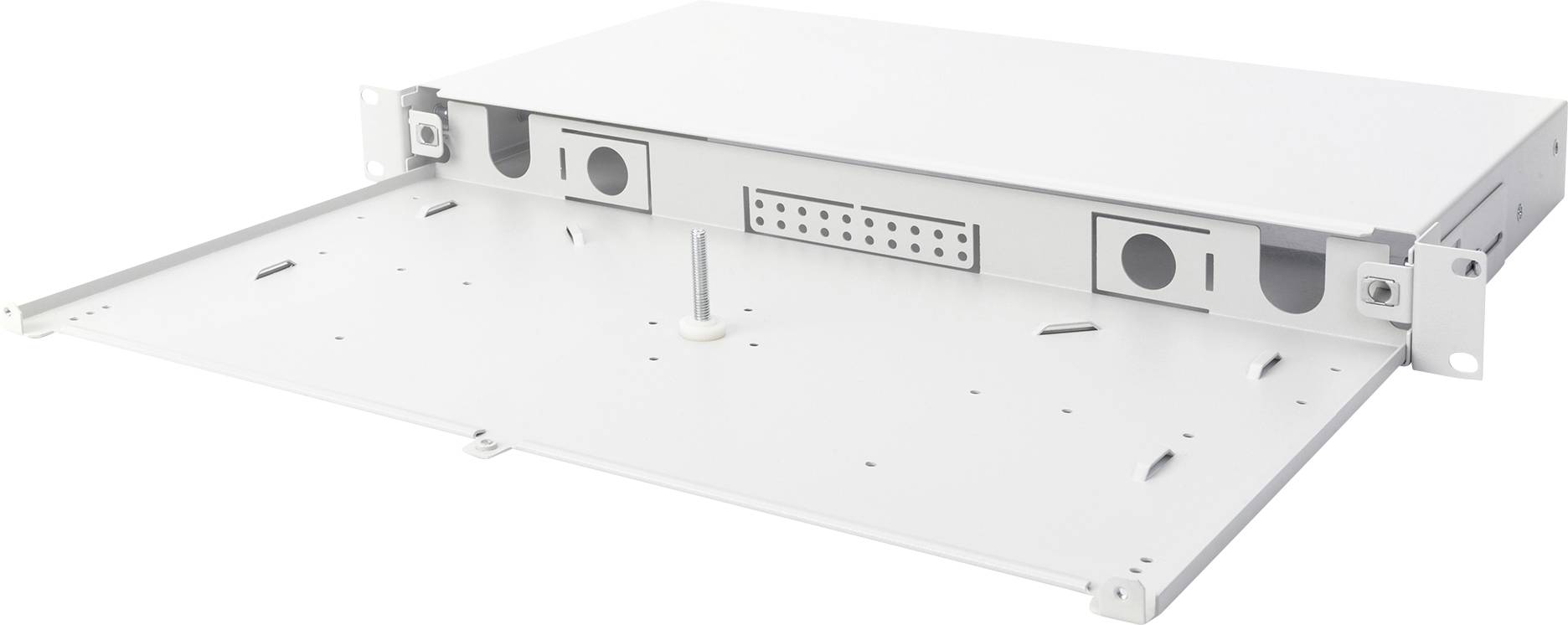 Biały, wysuwany patch panel 19-calowy do instalacji w szafie rack, przeznaczony do obsługi przewodów światłowodowych, idealny do połączeń sieciowych w serwerowniach.