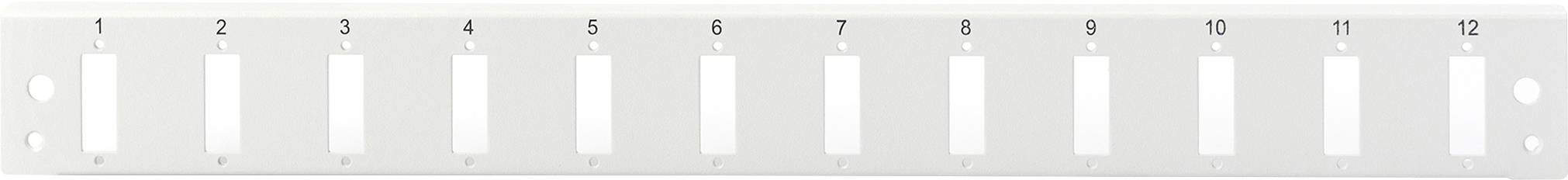 Biała płyta maskująca patch panel z 12 numerowanymi portami od 1 do 12, przeznaczona do organizacji połączeń kablowych w szafie sieciowej.