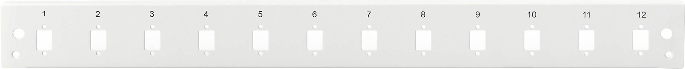 Biała metalowa szyna z dwunastoma prostokątnymi wycięciami, ponumerowanymi od 1 do 12, służąca do mocowania złączy kablowych.