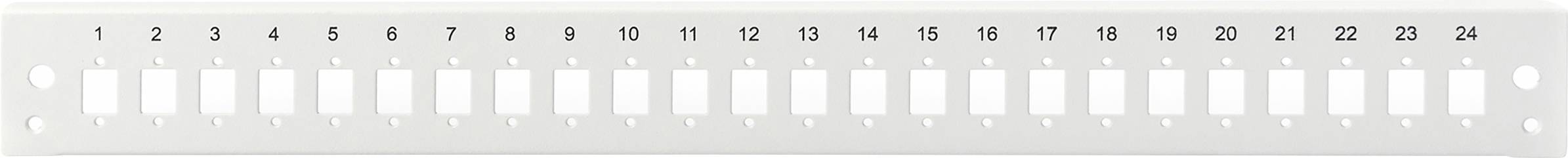 Białe patch panel z ponumerowanymi portami od 1 do 24, używane do organizacji przewodów sieciowych.