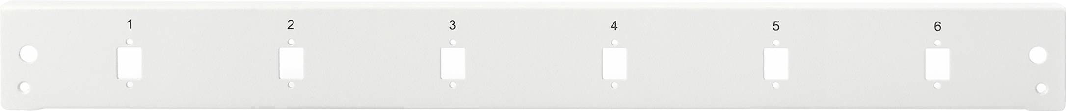 Patch panel z sześcioma numerowanymi portami do podłączenia kabli.