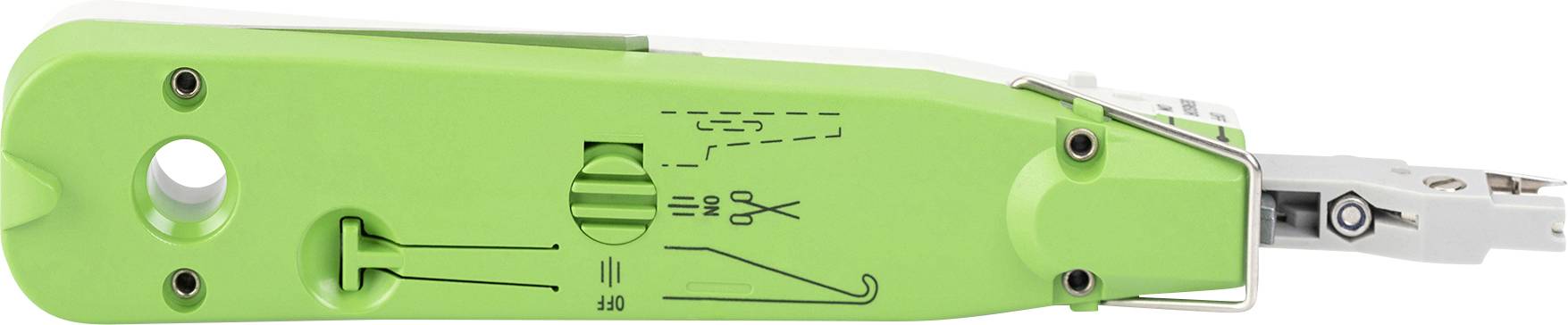 Zielony przyrząd kablowy z metalowym zaciskiem, najczęściej stosowany podczas instalacji sieciowych. Posiada podziałki i symbole oznaczające funkcje cięcia.