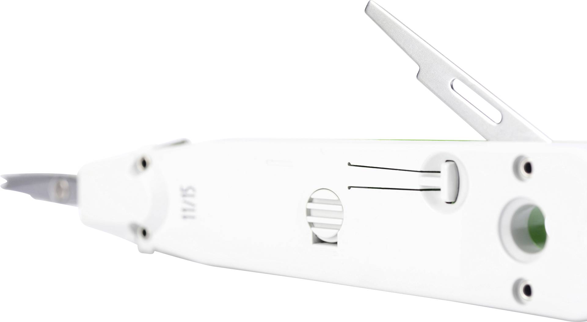 Białe narzędzie chirurgiczne z wystającymi elementami metalowymi i skalą, prawdopodobnie przeznaczone do precyzyjnych zabiegów medycznych.