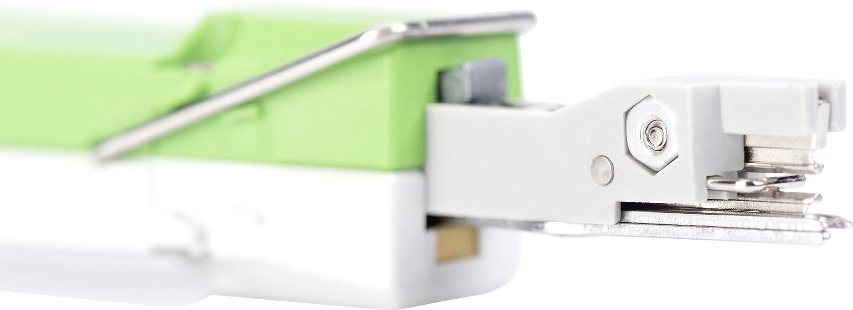 Zielony i biały segregator z metalu i tworzywa sztucznego, widok z boku z bliska.