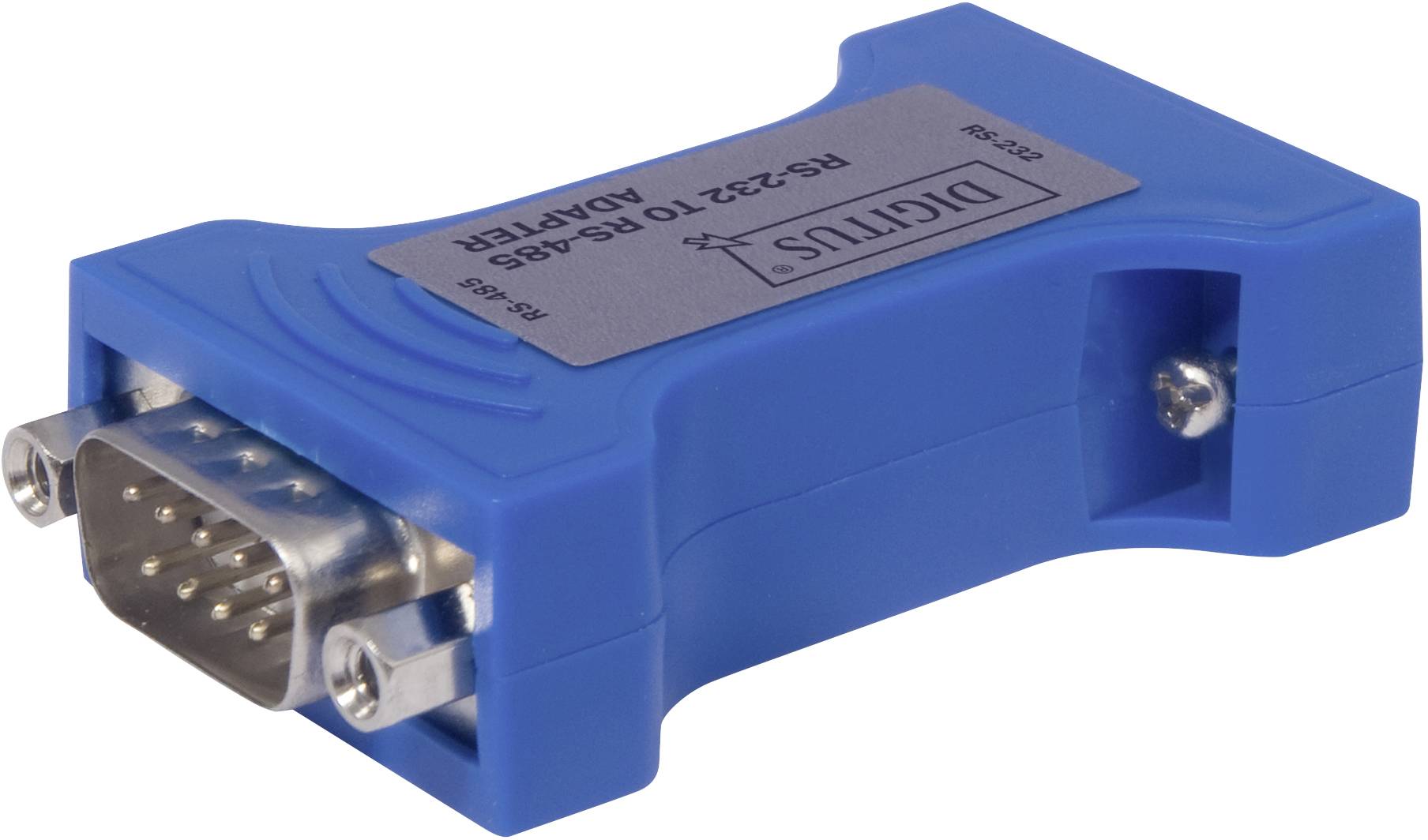 Niebieski adapter RS-232 do RS-485 z metalowymi złączami, służący do łączenia różnych urządzeń elektronicznych.